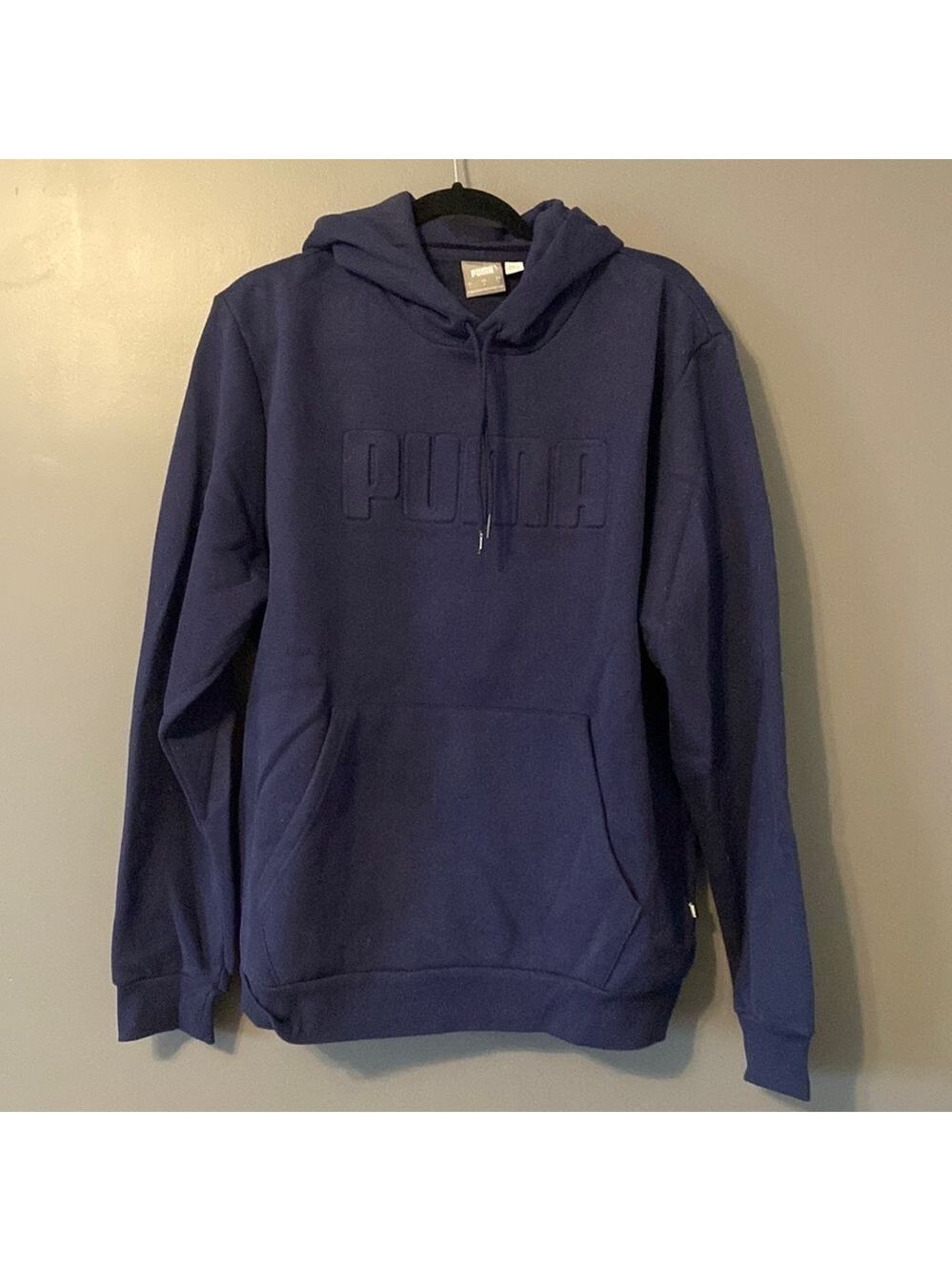 PUMA Navy Blue Embossed Logo Fleece Hoodie Sweatshirt Men's Y2K Streetwear Large